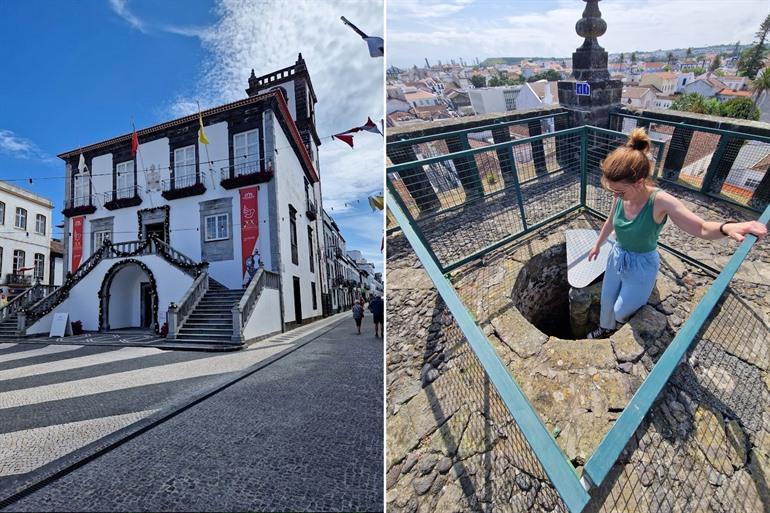 Het stadhuis van Ponta Delgada met de 300 jaar oude trap van Torre do Relógio 