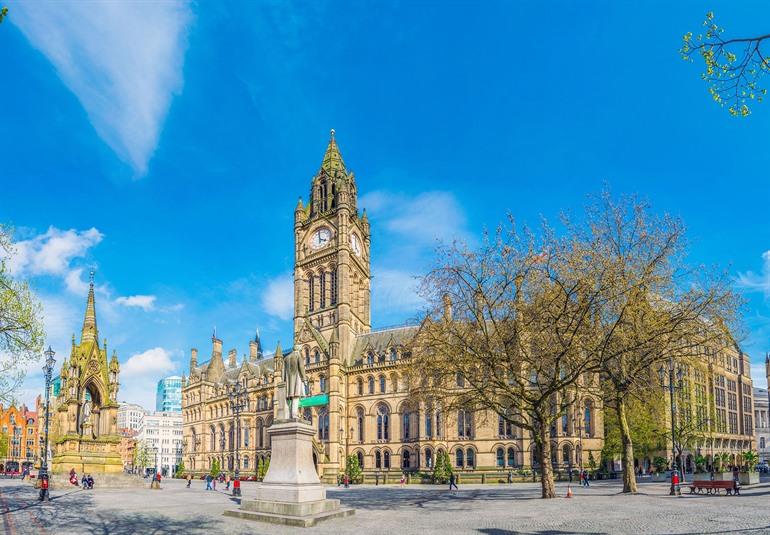 Uitzicht op het stadhuis van Manchester, Albert Square